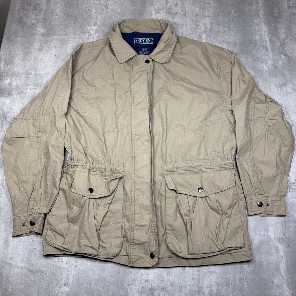 Vintage Lands End Safari Jacket Women's M Khaki Field Utility Full Zip Brown